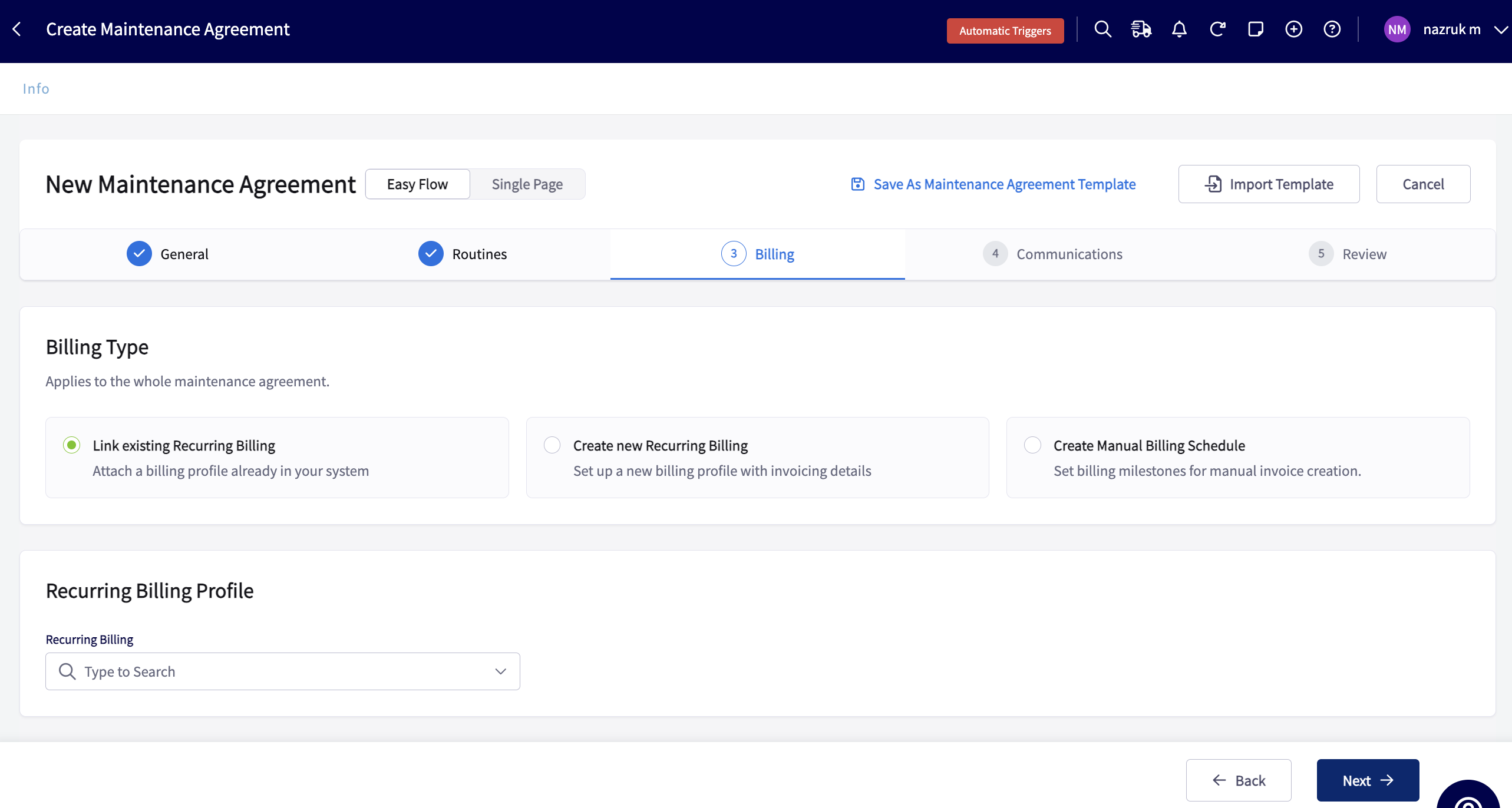 The Billing step of a maintenance agreement with the Billing Type selector showing Link existing Recurring Billing, Create new Recurring Billing, and Create Manual Billing Schedule