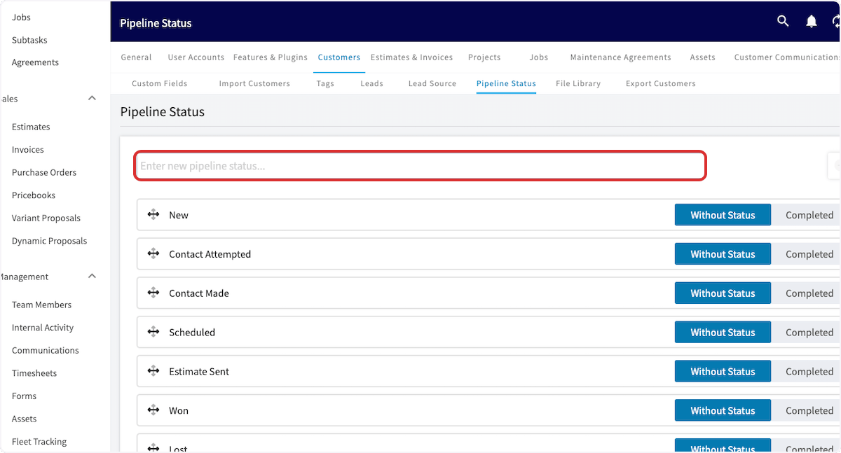 Click on Enter new pipeline status...