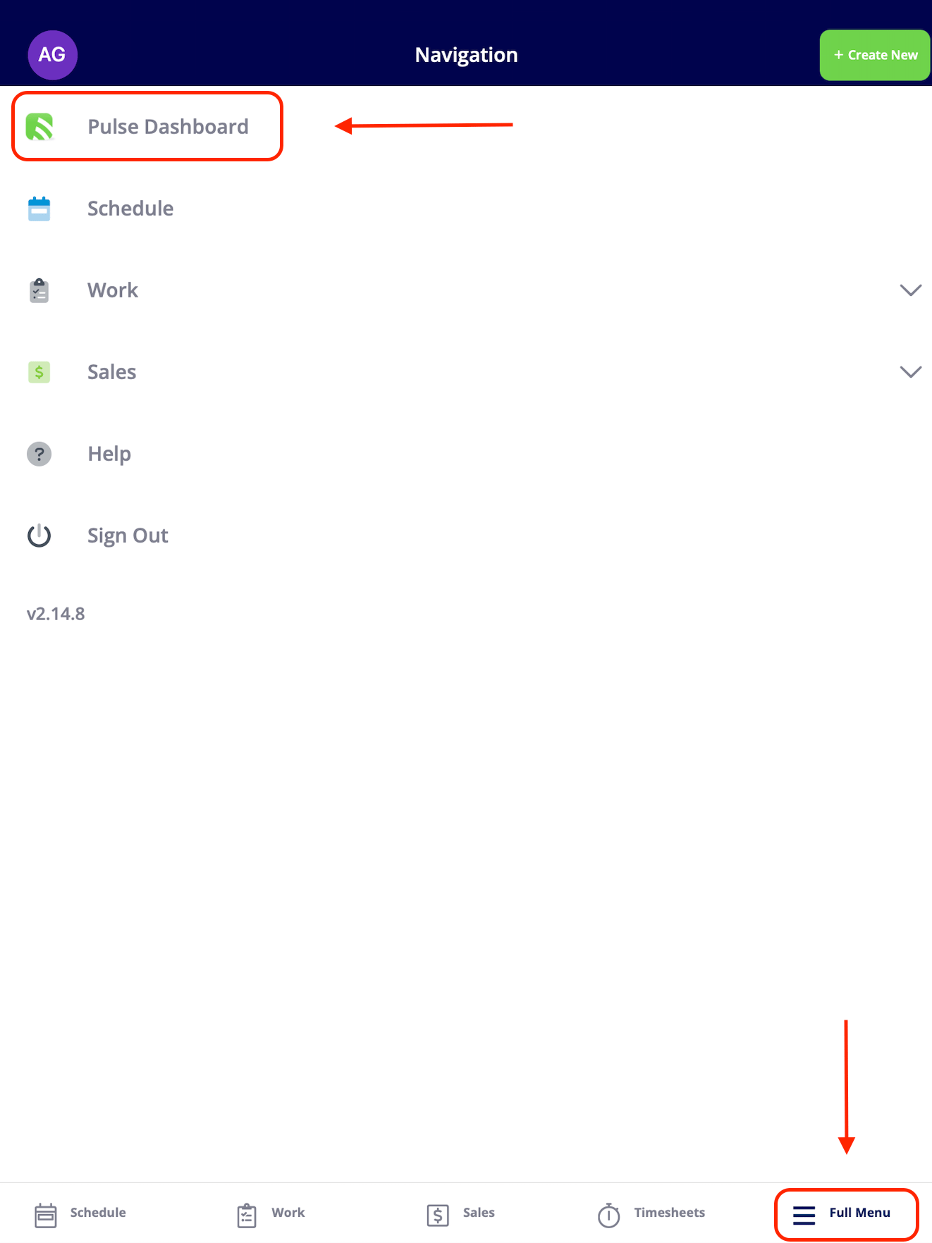 The Full Menu navigation screen with Pulse Dashboard highlighted at the top and Full Menu highlighted in the bottom menu