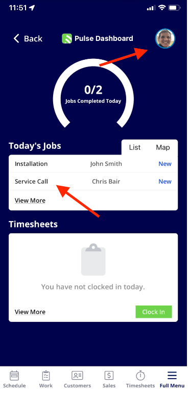 The Pulse Dashboard showing jobs completed today, the Today's Jobs list, a Timesheets card with a Clock In button, and the bottom menu tabs