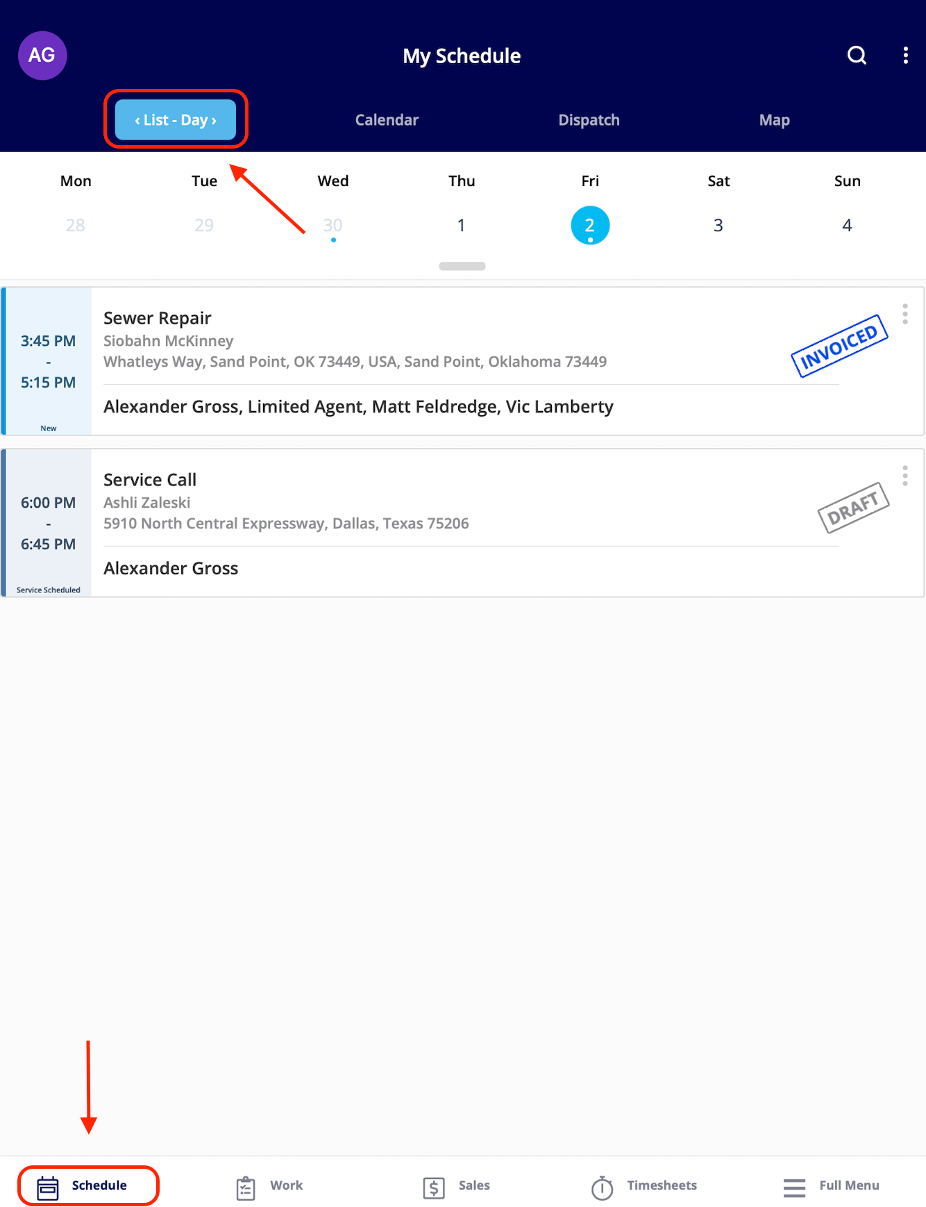 The List view of My Schedule showing the day's assigned jobs with times, statuses, and team members