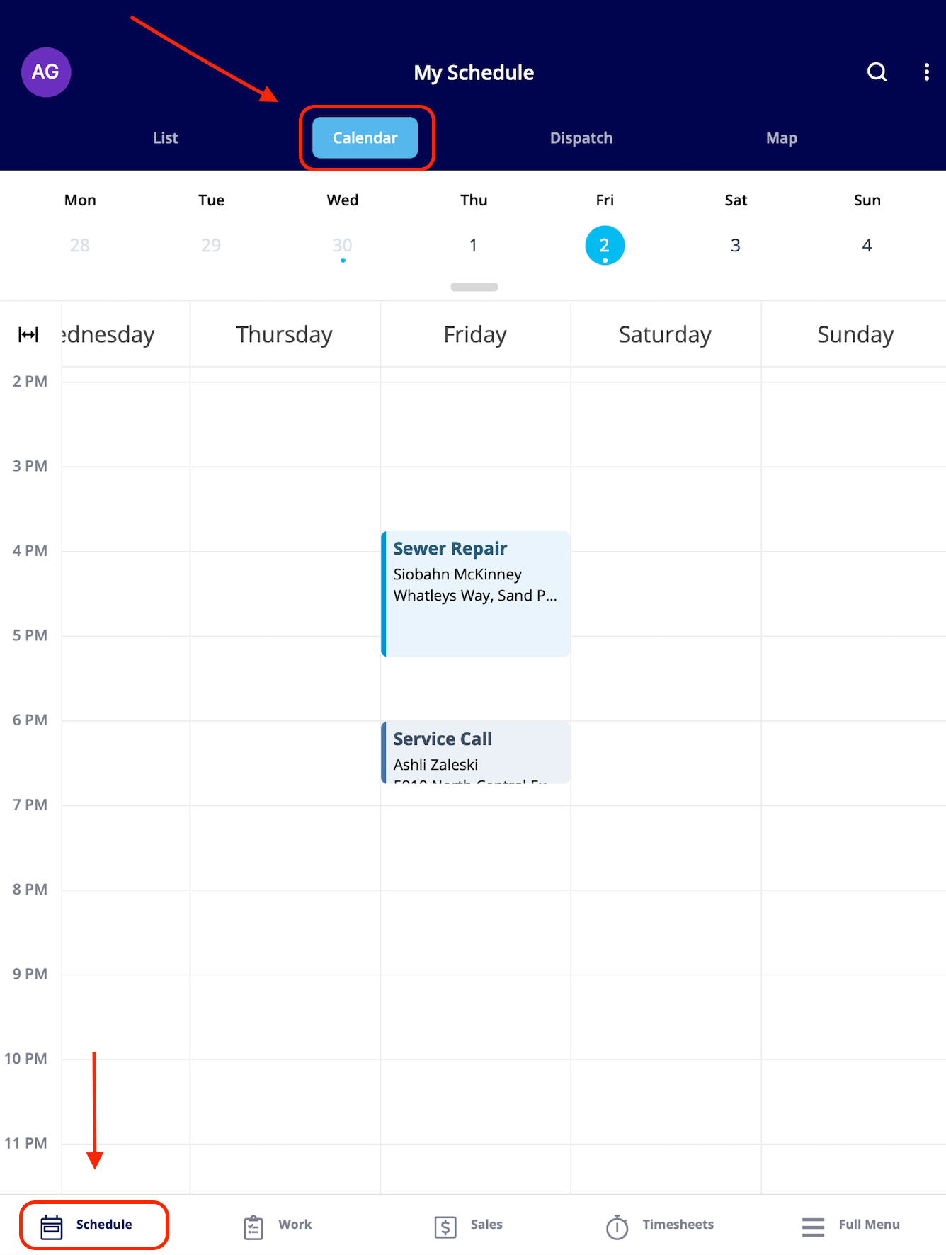 The Calendar view of My Schedule showing the week's jobs in hourly time slots