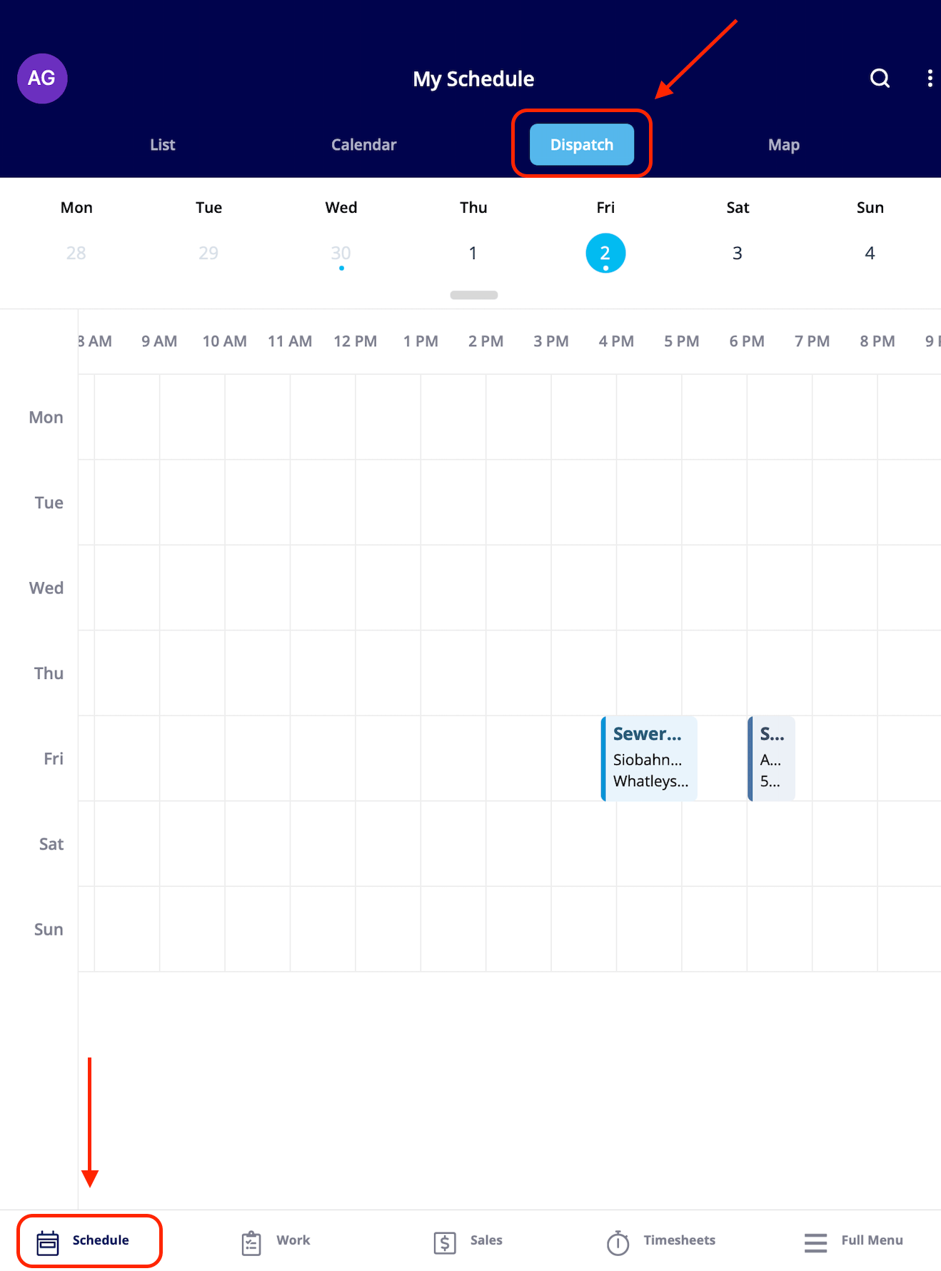 The Dispatch view of My Schedule plotting the week's jobs on a timeline