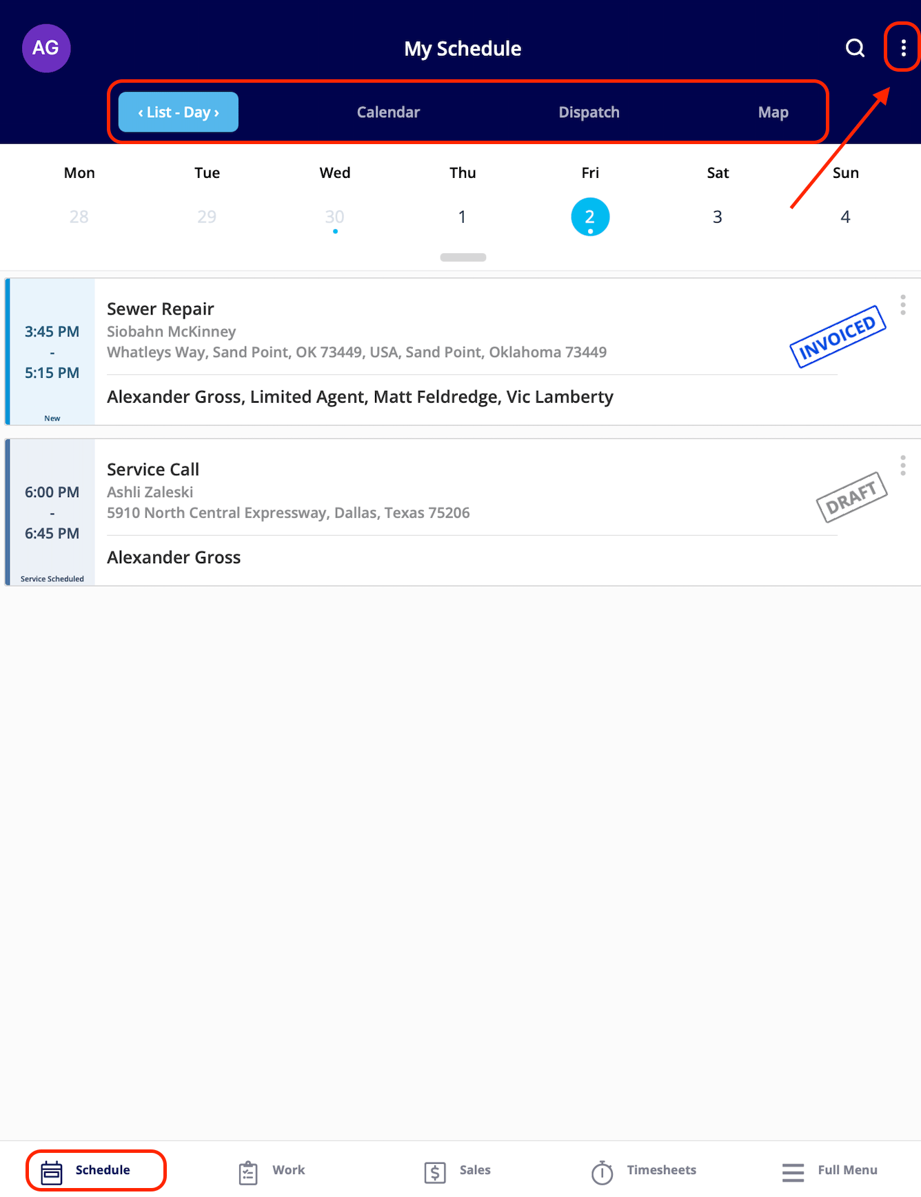The List view of My Schedule with the three-dot menu highlighted in the top right corner