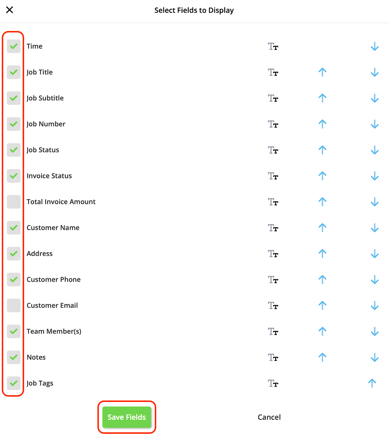 The Select Fields to Display screen with field check boxes on the left and the green Save Fields button at the bottom
