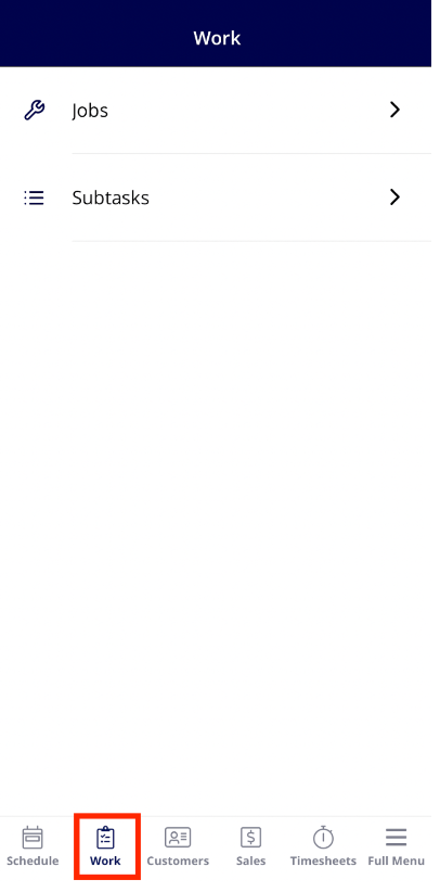 The Work tab listing Jobs and Subtasks