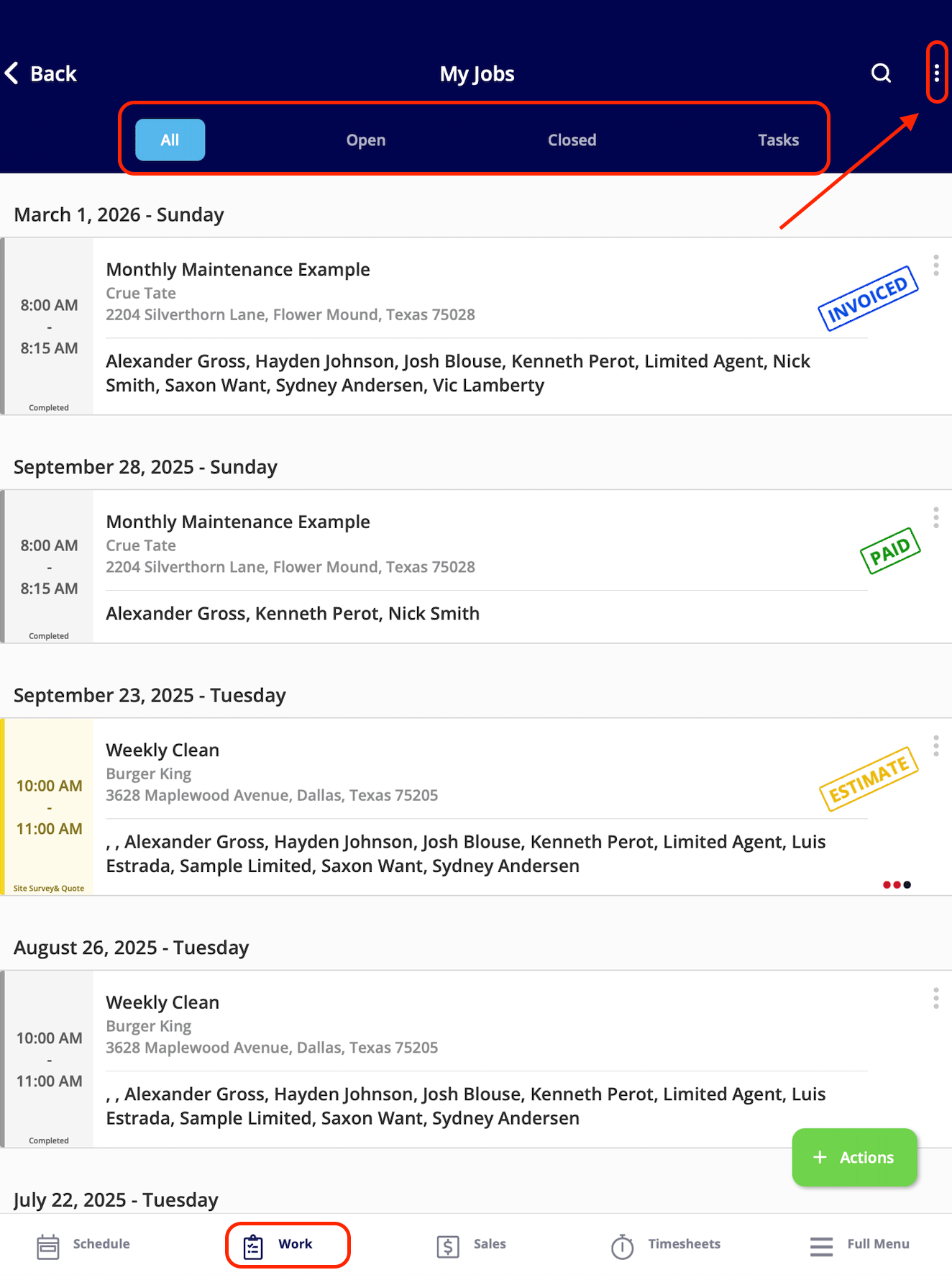 The My Jobs list with the All, Open, Closed, and Tasks filters highlighted at the top and an arrow pointing to the three-dot menu