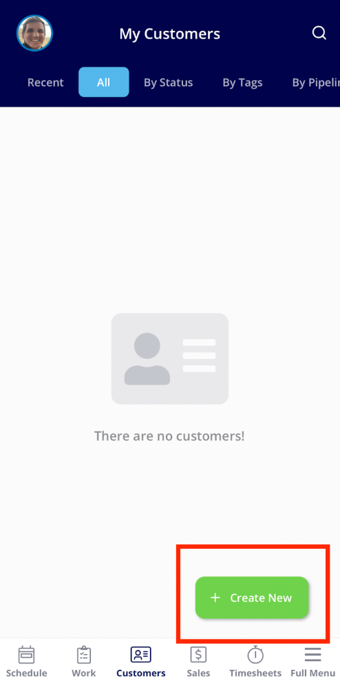 The My Customers tab with the Create New button highlighted