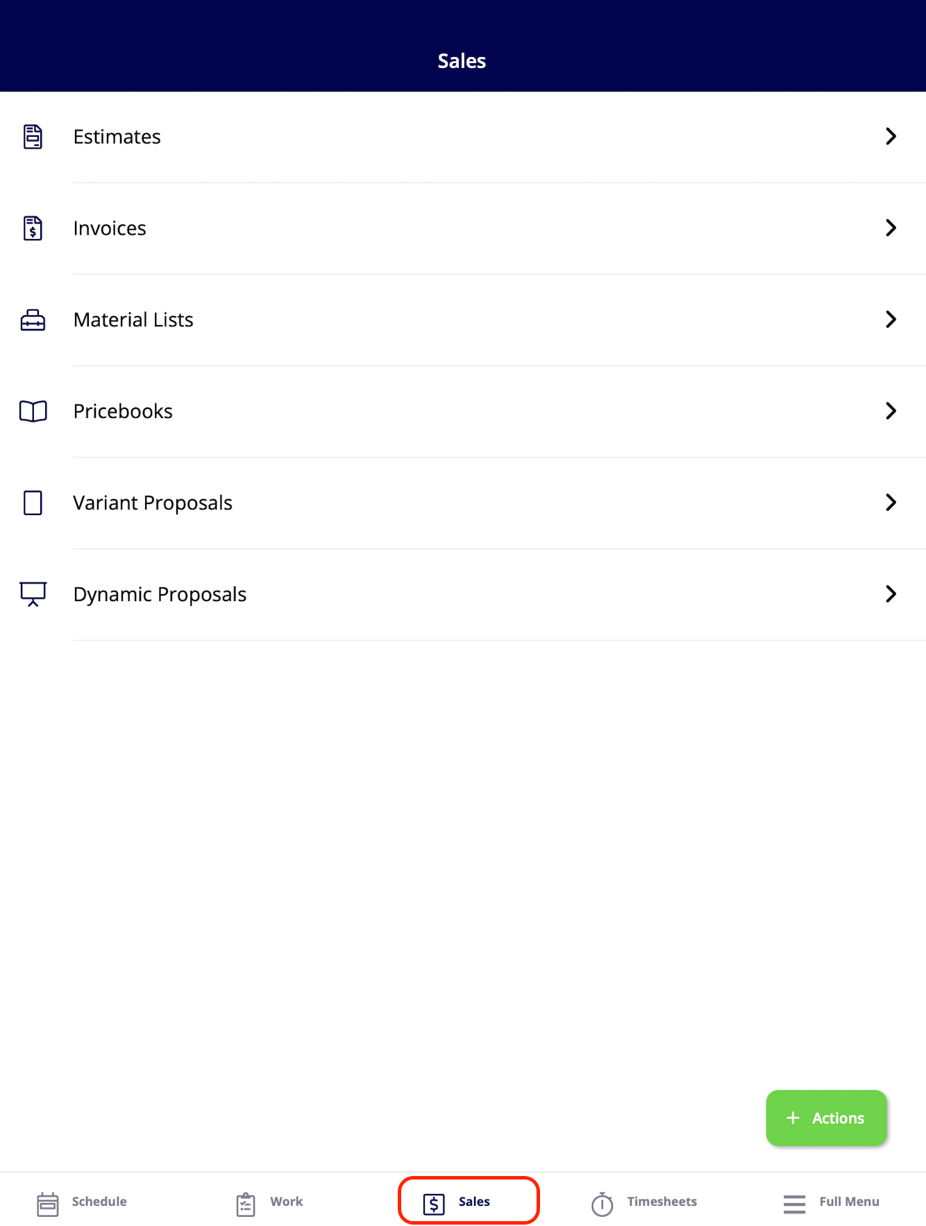 The Sales tab listing Estimates, Invoices, Material Lists, Pricebooks, Variant Proposals, and Dynamic Proposals