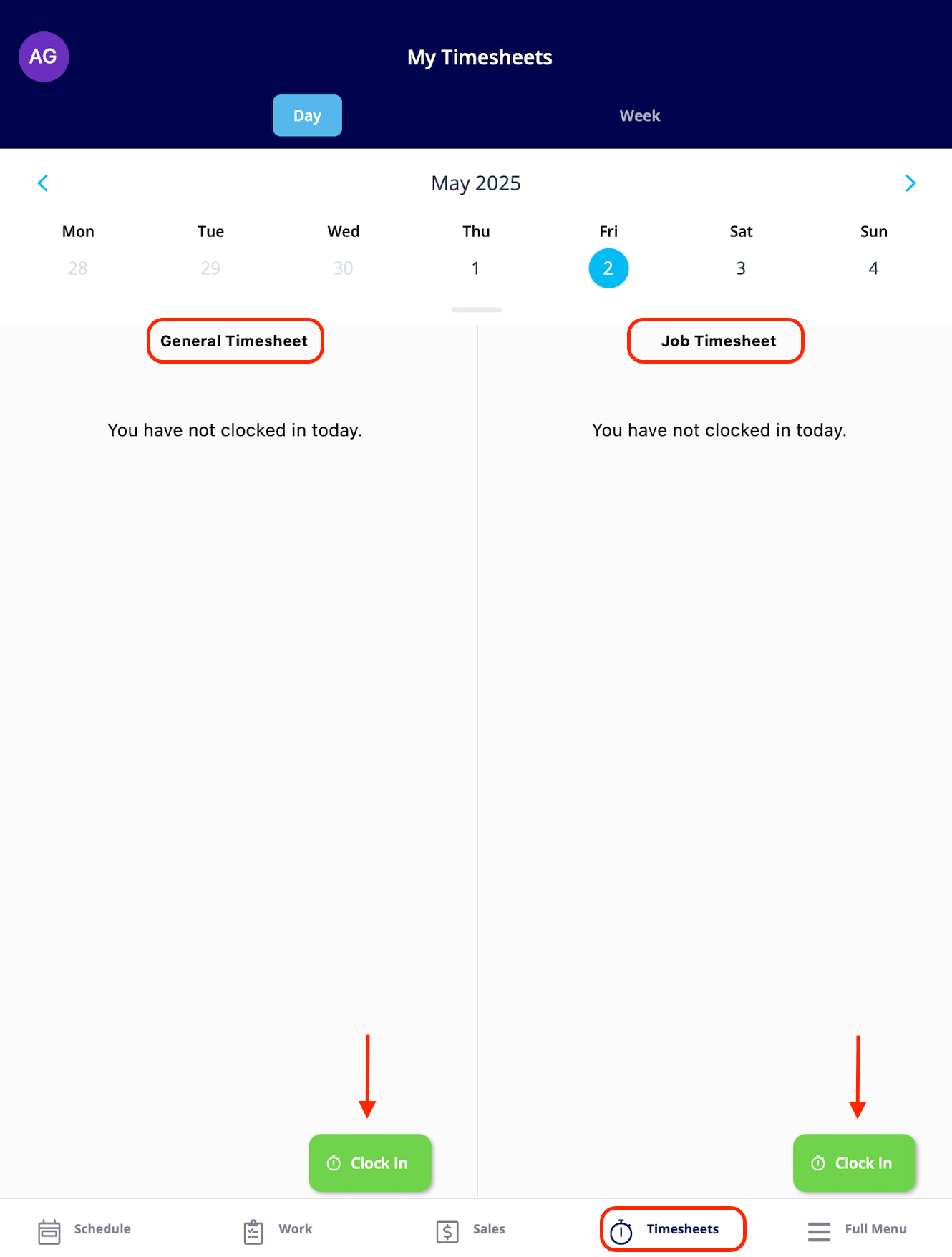 The My Timesheets tab showing General Timesheet and Job Timesheet side by side, each with its own Clock In button