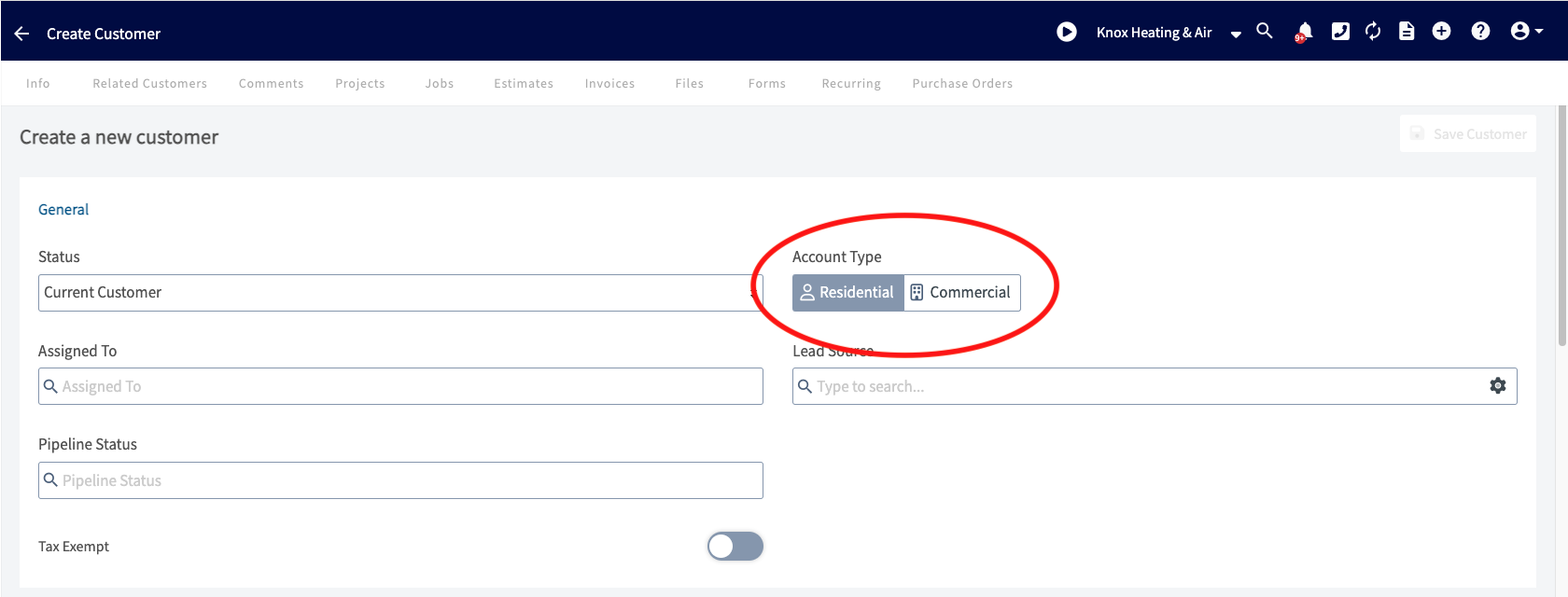 Customer profile setting to select residential or commercial type