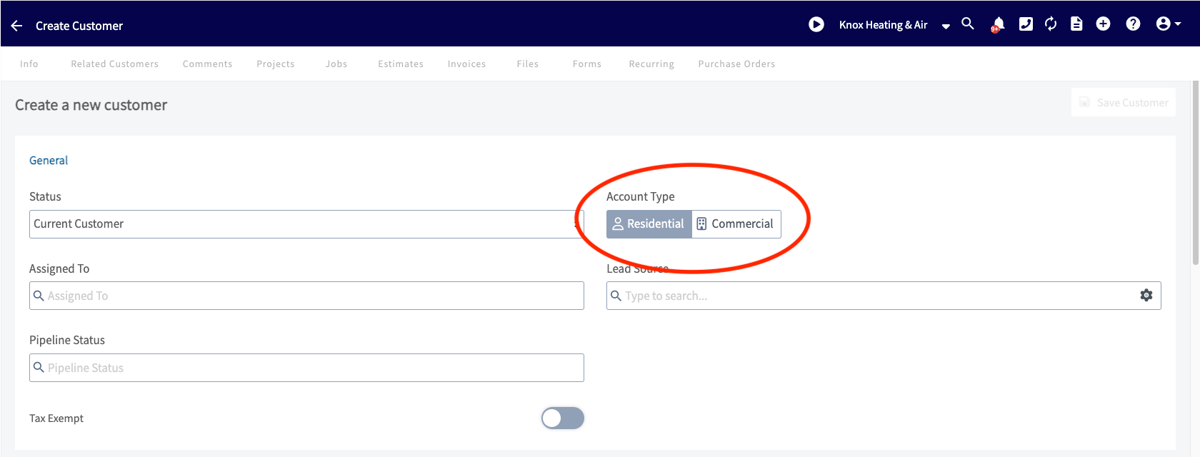 Customer profile setting to select residential or commercial type