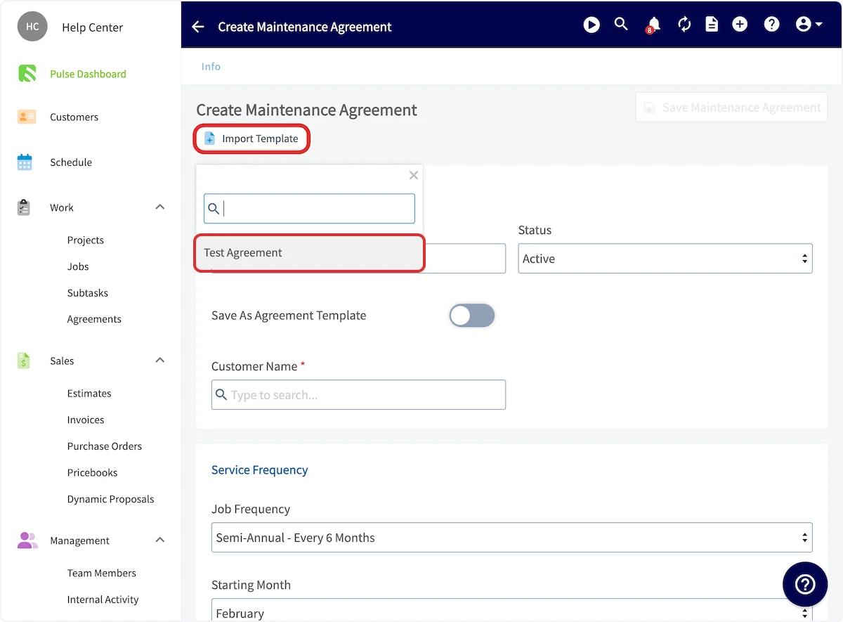 Click on Test Agreement