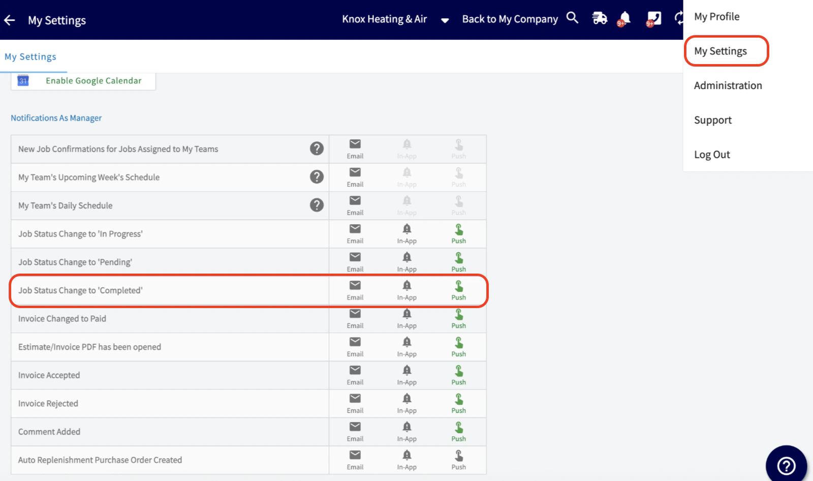 11964436-as-an-admin-or-team-manager-will-i-receive-notifications-when-my-team-marks-a-job-or-service-status-as-complete screenshot 1