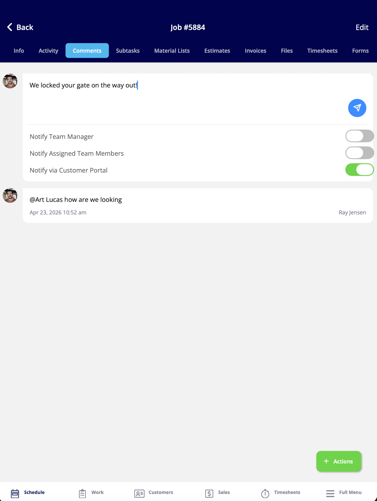 The Notify via Customer Portal toggle enabled when leaving a comment in the FieldPulse mobile app