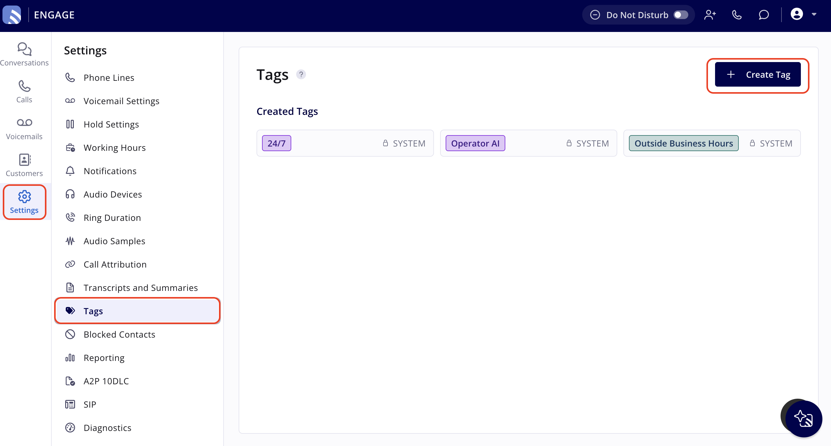 The Tags page in Engage settings, opened from Settings in the left navigation bar, with the Create Tag button and the 24/7, Operator AI, and Outside Business Hours system tags in the Created Tags section