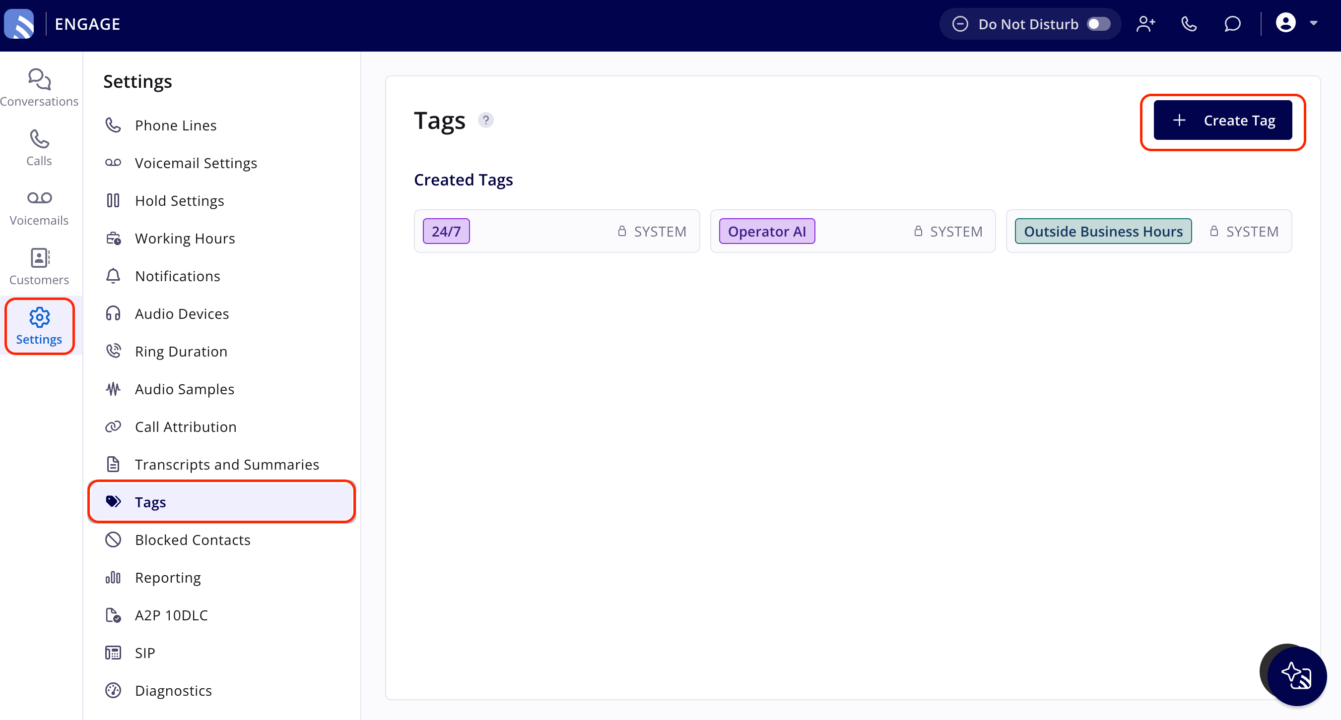 The Tags page in Engage settings, opened from Settings in the left navigation bar, with the Create Tag button and the 24/7, Operator AI, and Outside Business Hours system tags in the Created Tags section
