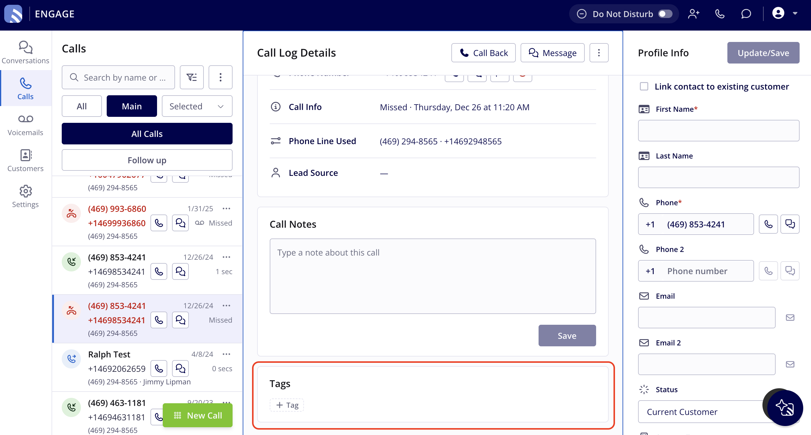 The Call Log Details panel for a selected call, with the empty Tags box and its + Tag button highlighted