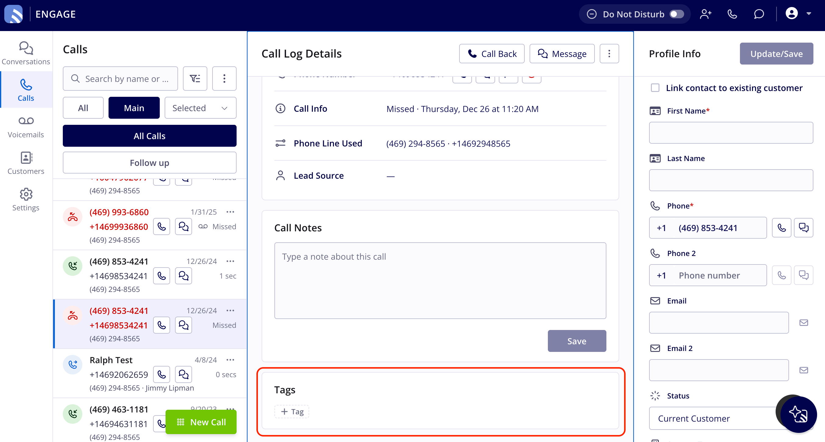 The Call Log Details panel for a selected call, with the empty Tags box and its + Tag button highlighted