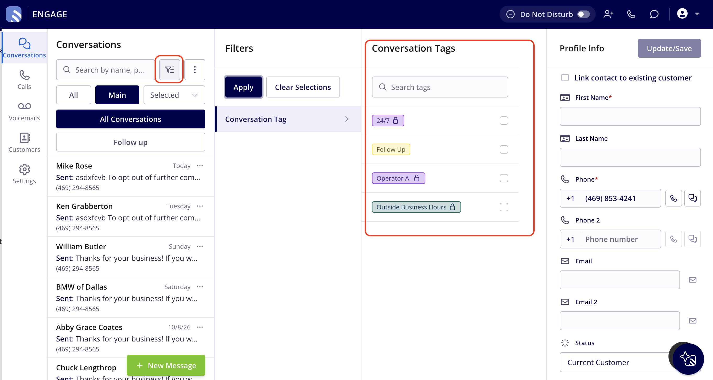 The Conversations filter button highlighted, with the Filters panel open to Conversation Tag and the Conversation Tags list of tag checkboxes, plus the Apply and Clear Selections buttons