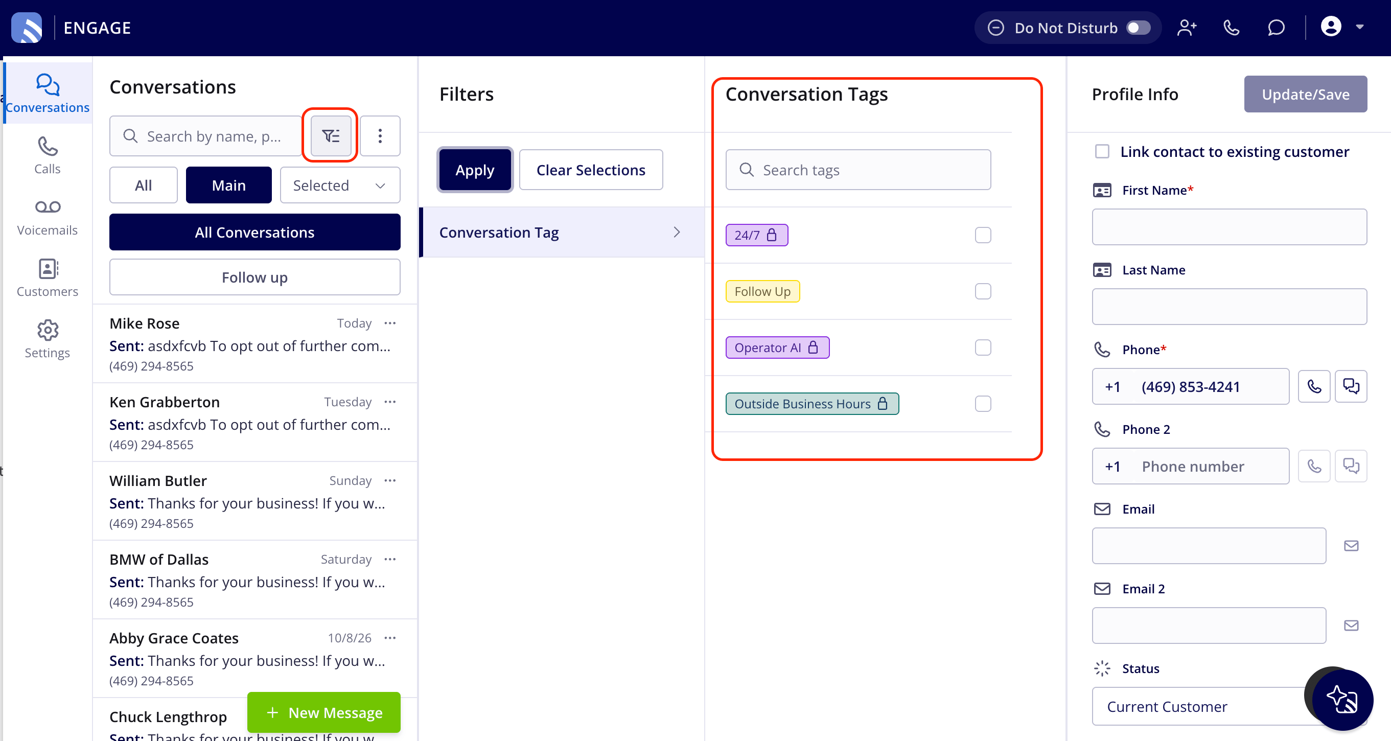 The Conversations filter button highlighted, with the Filters panel open to Conversation Tag and the Conversation Tags list of tag checkboxes, plus the Apply and Clear Selections buttons