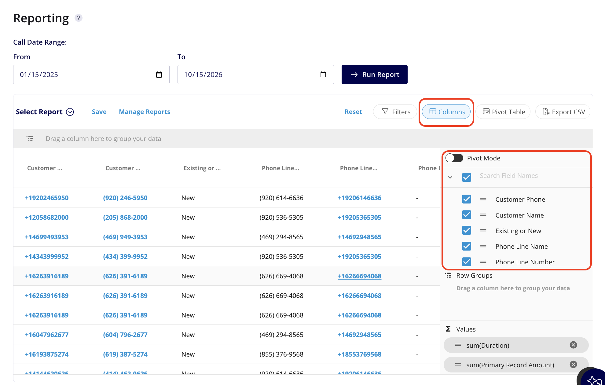 Engage Reporting screen with the Columns button highlighted and the column picker open, showing a checkbox for each report column