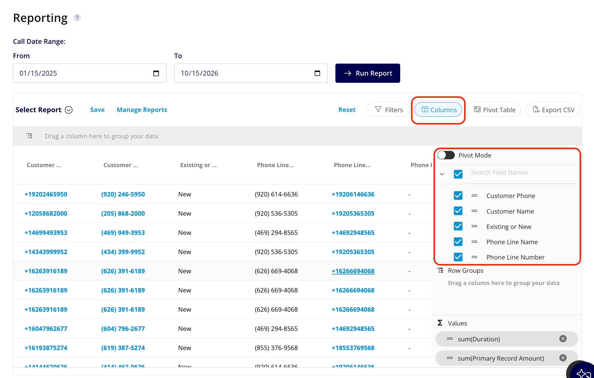 Engage Reporting screen with the Columns button highlighted and the column picker open, showing a checkbox for each report column