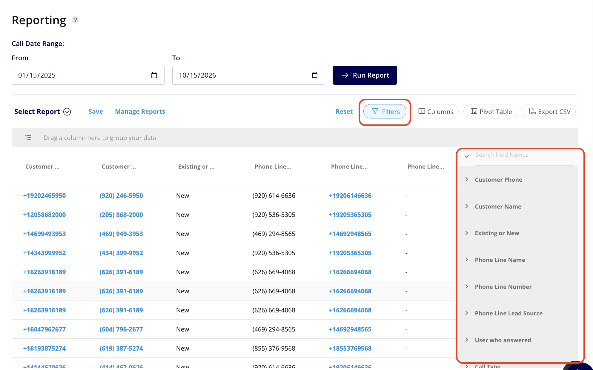 Engage Reporting screen with the Filters button highlighted and the filter panel open, listing the report fields you can filter by