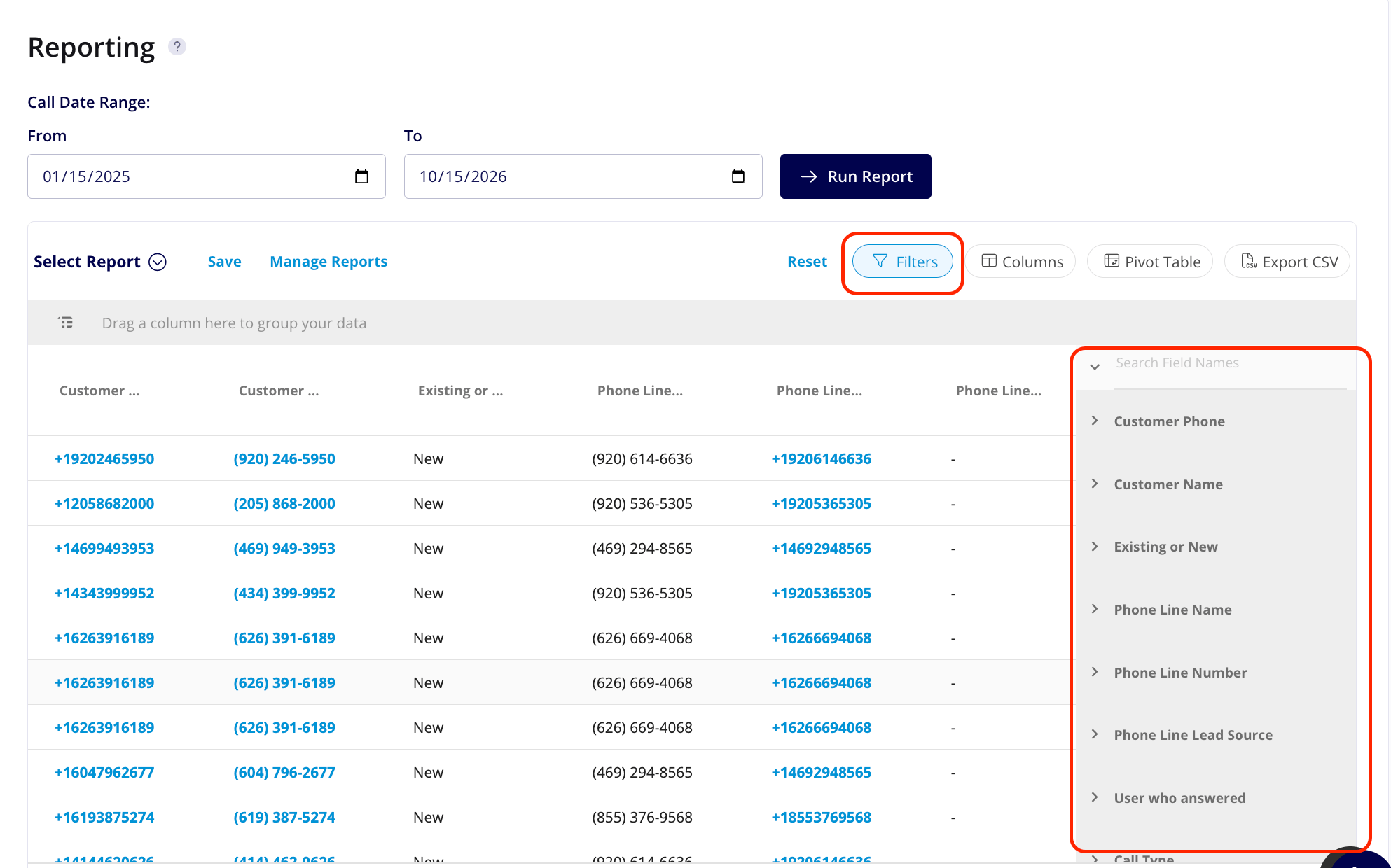 Engage Reporting screen with the Filters button highlighted and the filter panel open, listing the report fields you can filter by