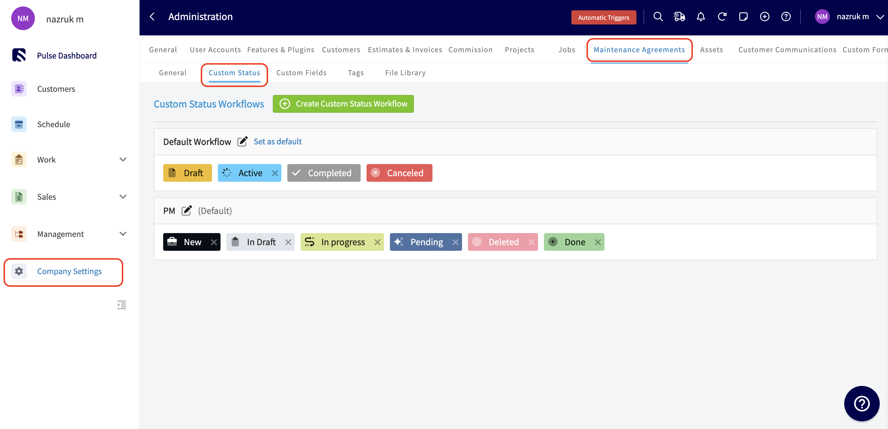The Custom Status sub-tab of the Maintenance Agreements tab in Company Settings, showing the Default Workflow with Draft, Active, Completed, and Canceled and the Create Custom Status Workflow button