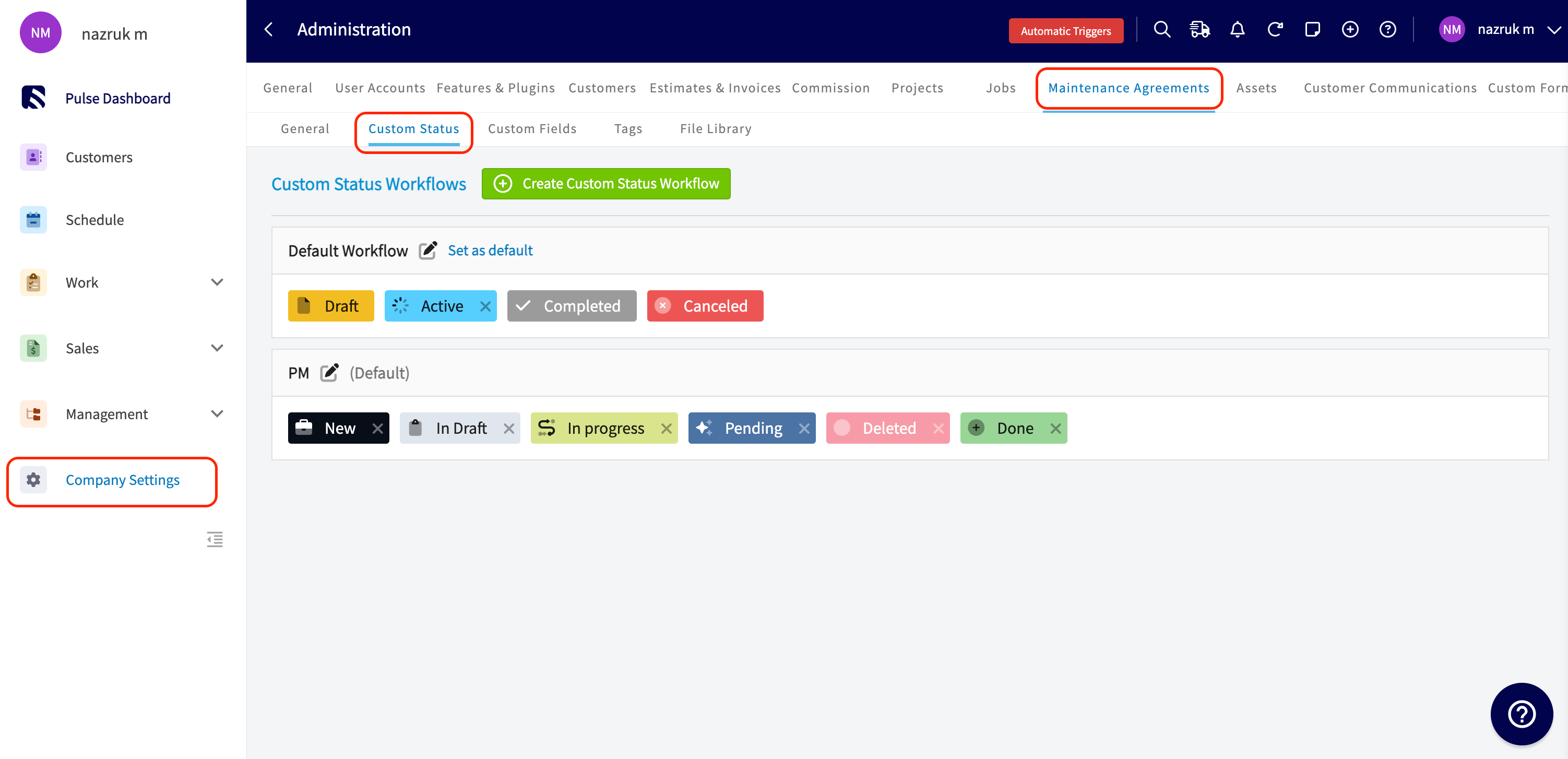 The Custom Status sub-tab of the Maintenance Agreements tab in Company Settings, showing the Default Workflow with Draft, Active, Completed, and Canceled and the Create Custom Status Workflow button