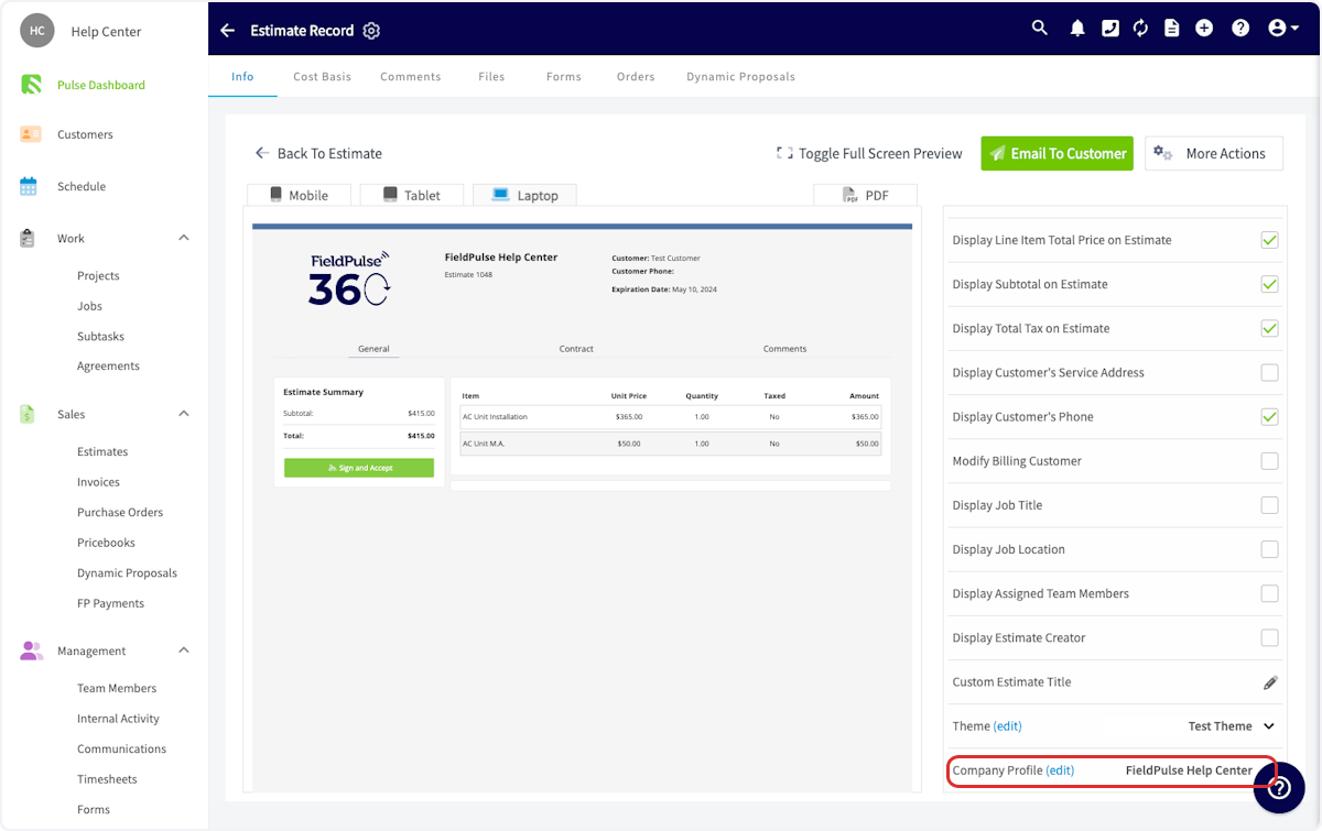 Select FieldPulse Help Center from Company Profile (edit)