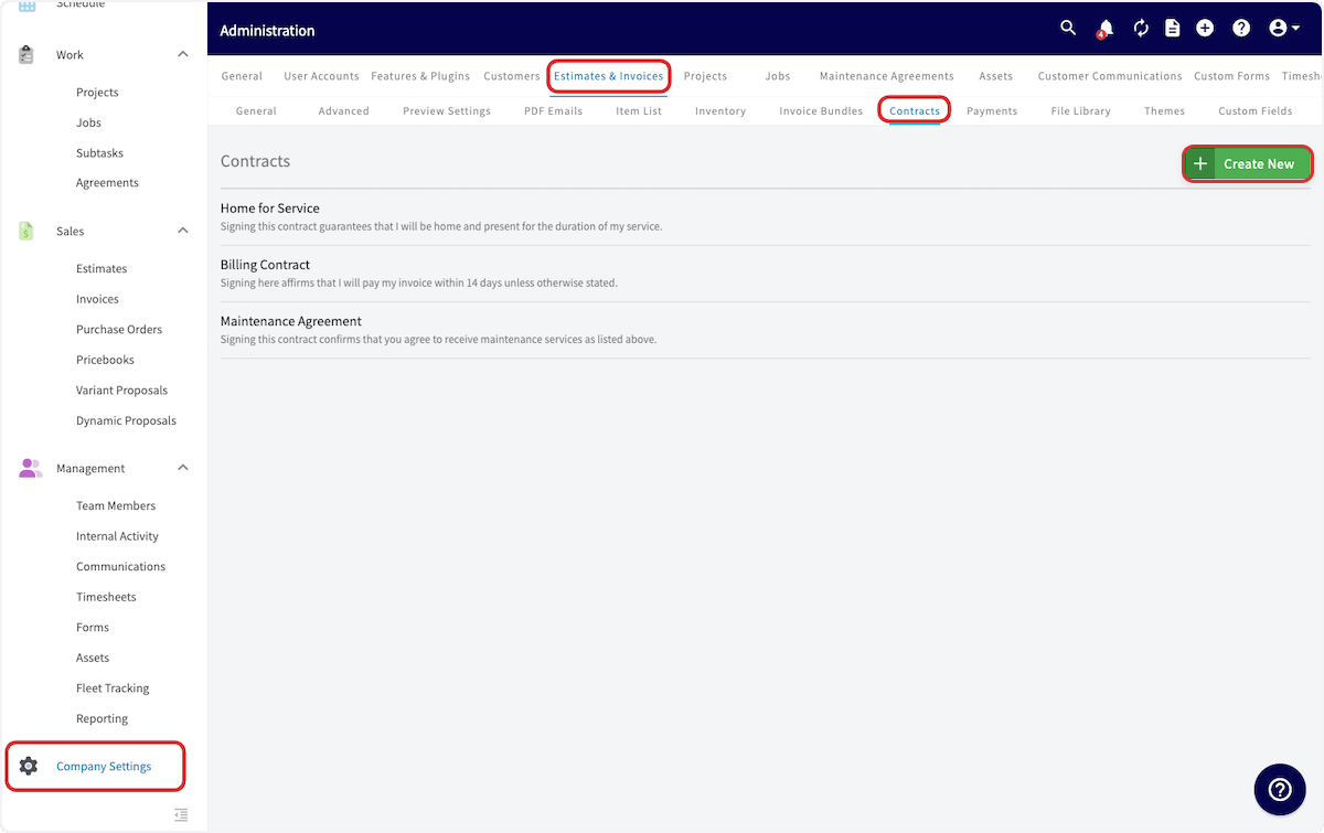 Contracts page in Company Settings with the Create New button
