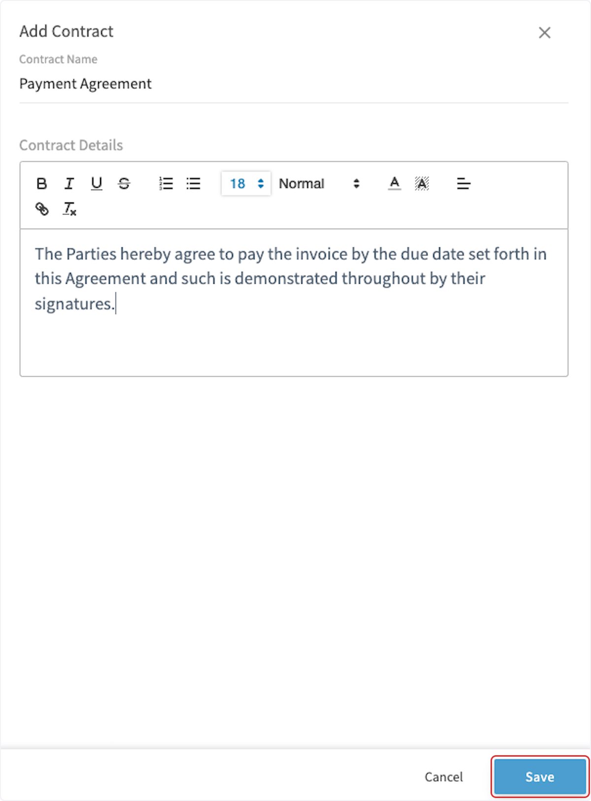 New contract editor with the contract text entered and the Save button