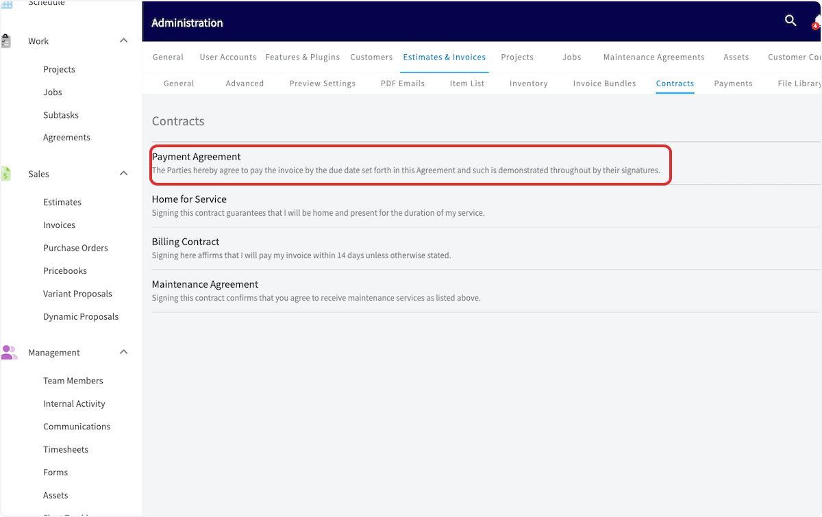 Contracts page listing the saved Payment Agreement contract