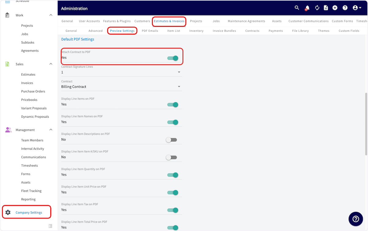 Attach Contract to PDF toggle set to Yes in Preview Settings