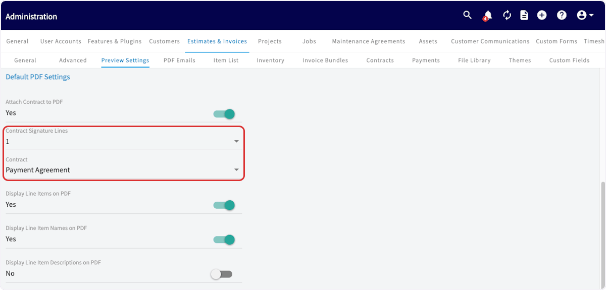 Preview Settings showing the number of signature lines and the contract to attach