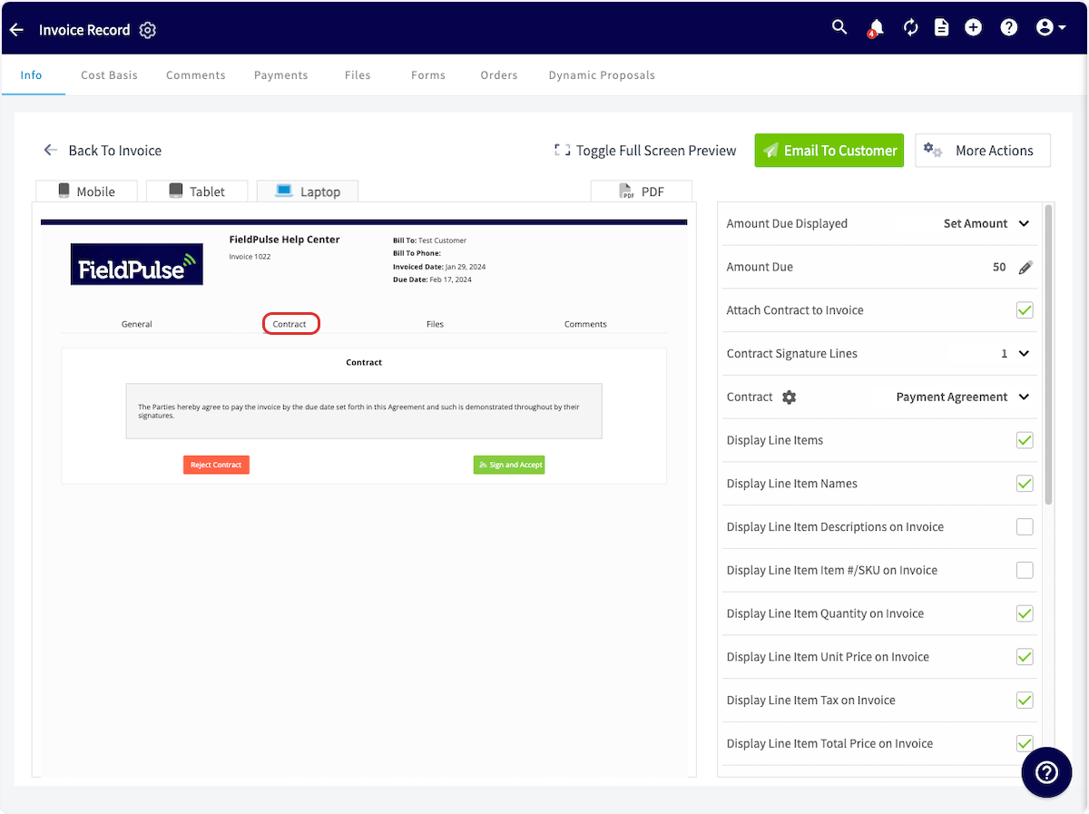 Invoice preview with the Contract tab selected, showing the attached contract