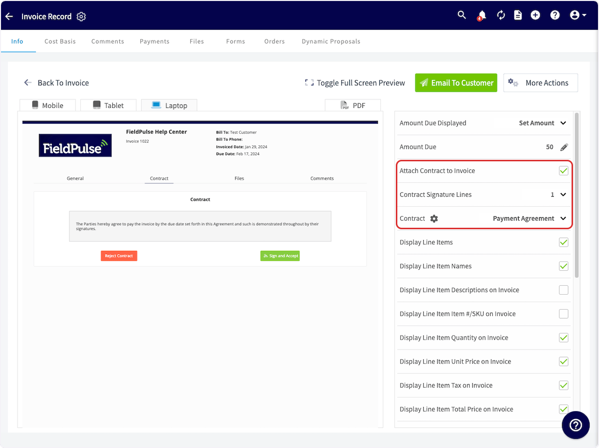 Invoice preview panel with Attach Contract to Invoice, the number of signature lines, and the contract set for that invoice
