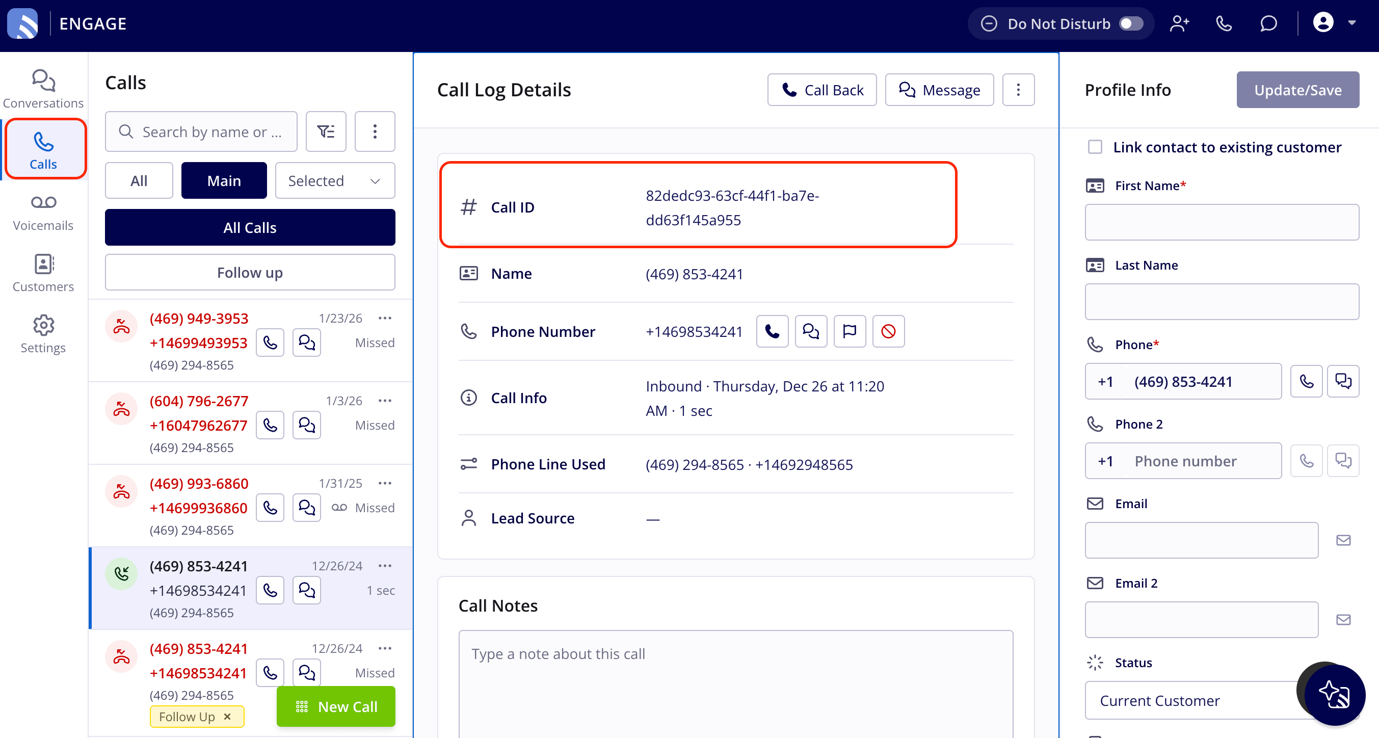 Engage Calls tab with a call's Call Log Details page open and the Call ID field and its value highlighted