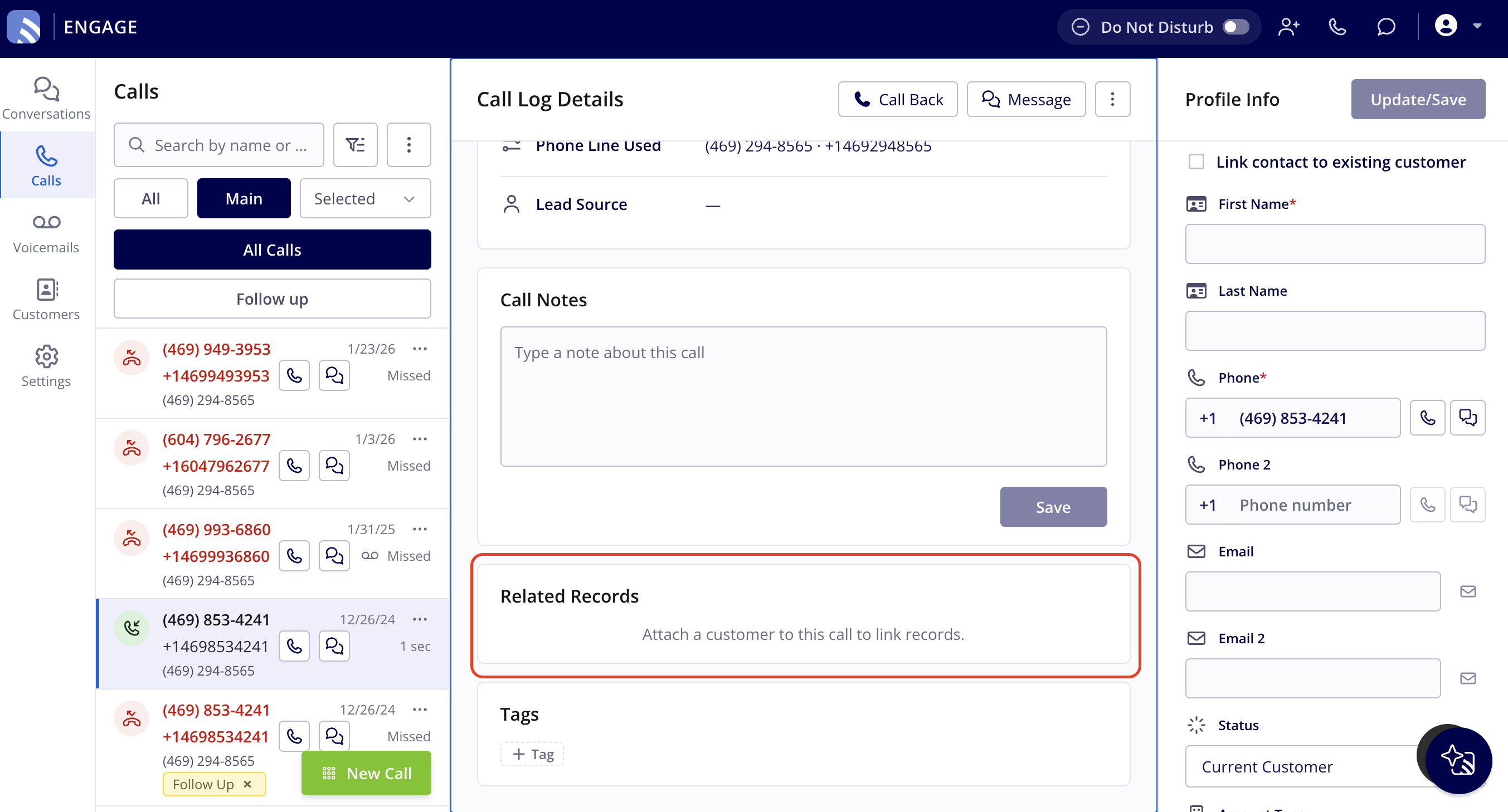 Engage Call Log Details page with the Related Records section highlighted below Call Notes, showing the message to attach a customer to this call to link records