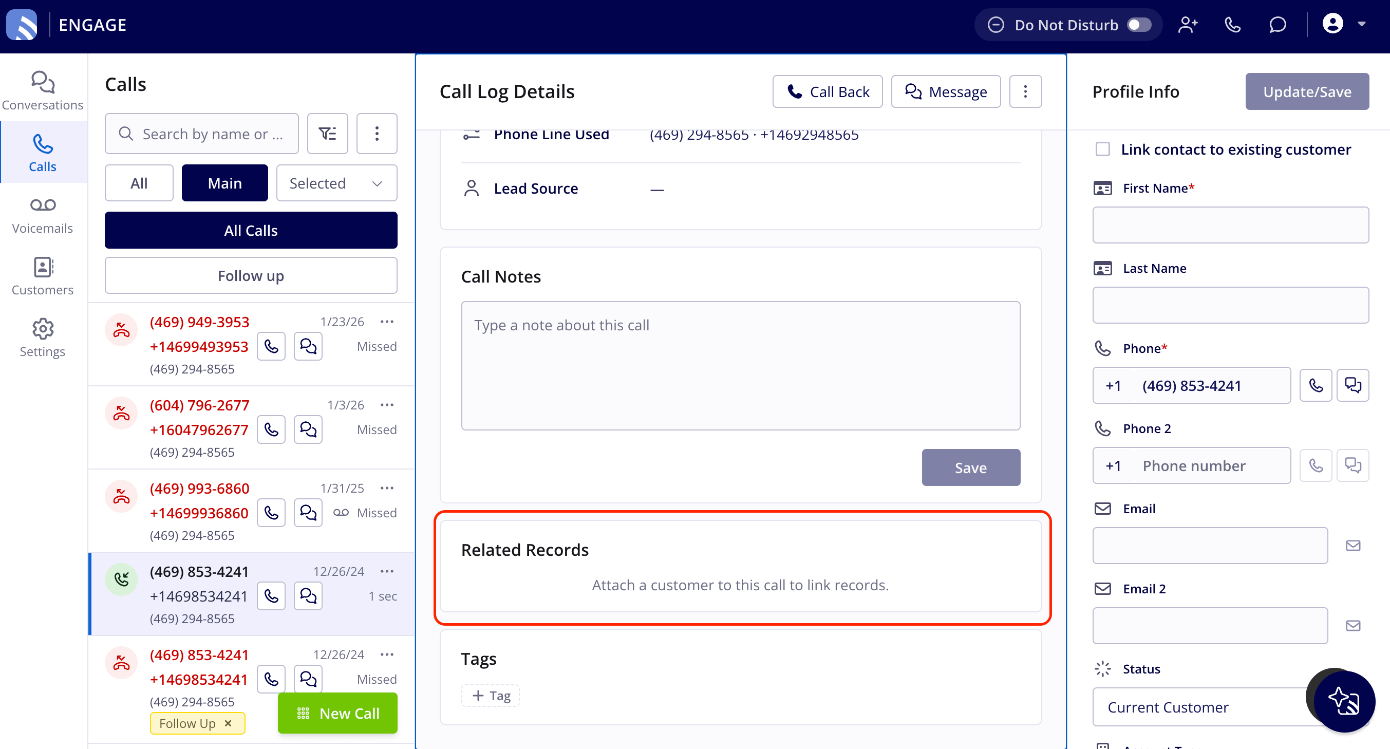 Engage Call Log Details page with the Related Records section highlighted below Call Notes, showing the message to attach a customer to this call to link records