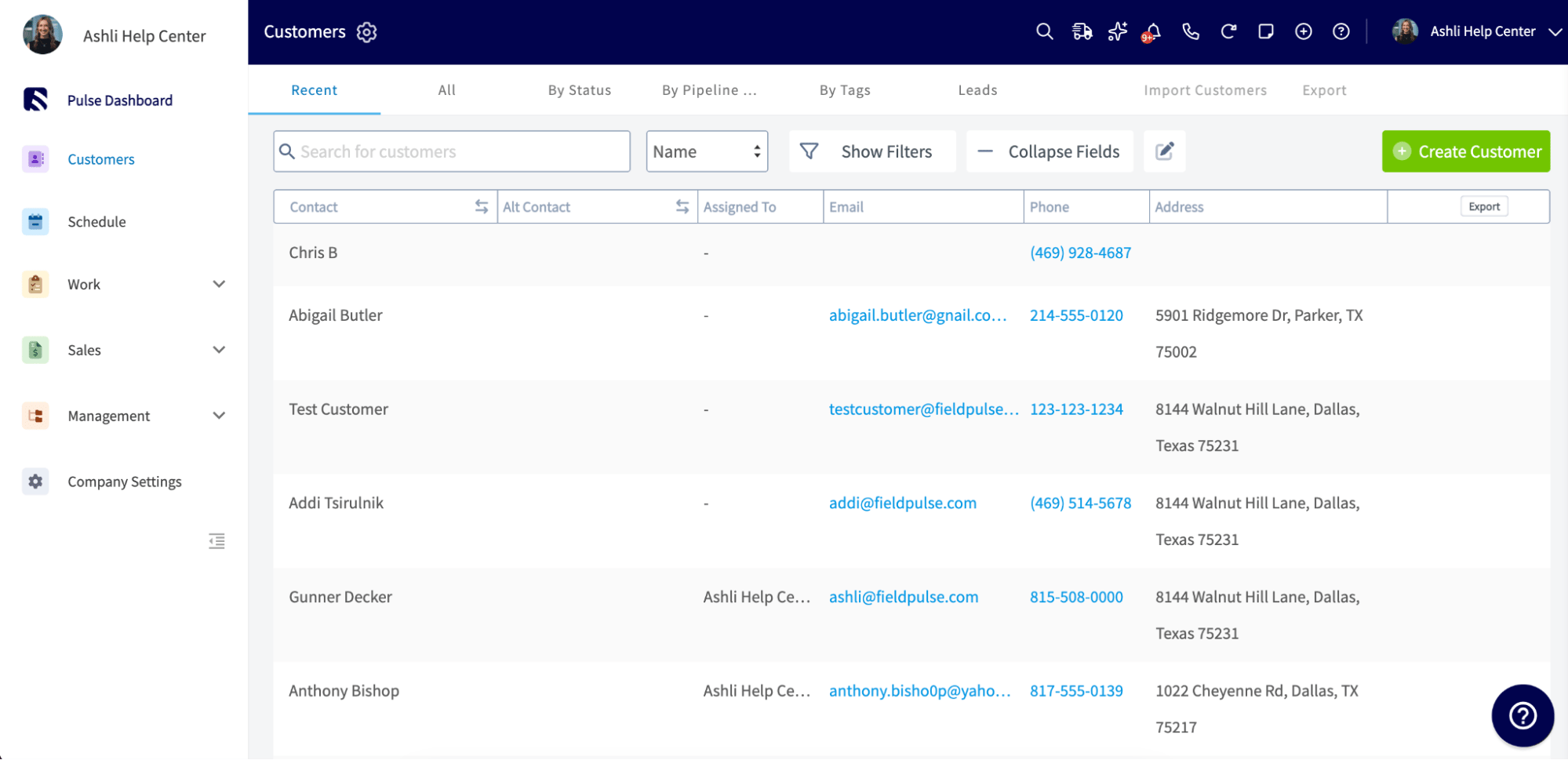 The Customers list showing customer records, communications, and inbound leads
