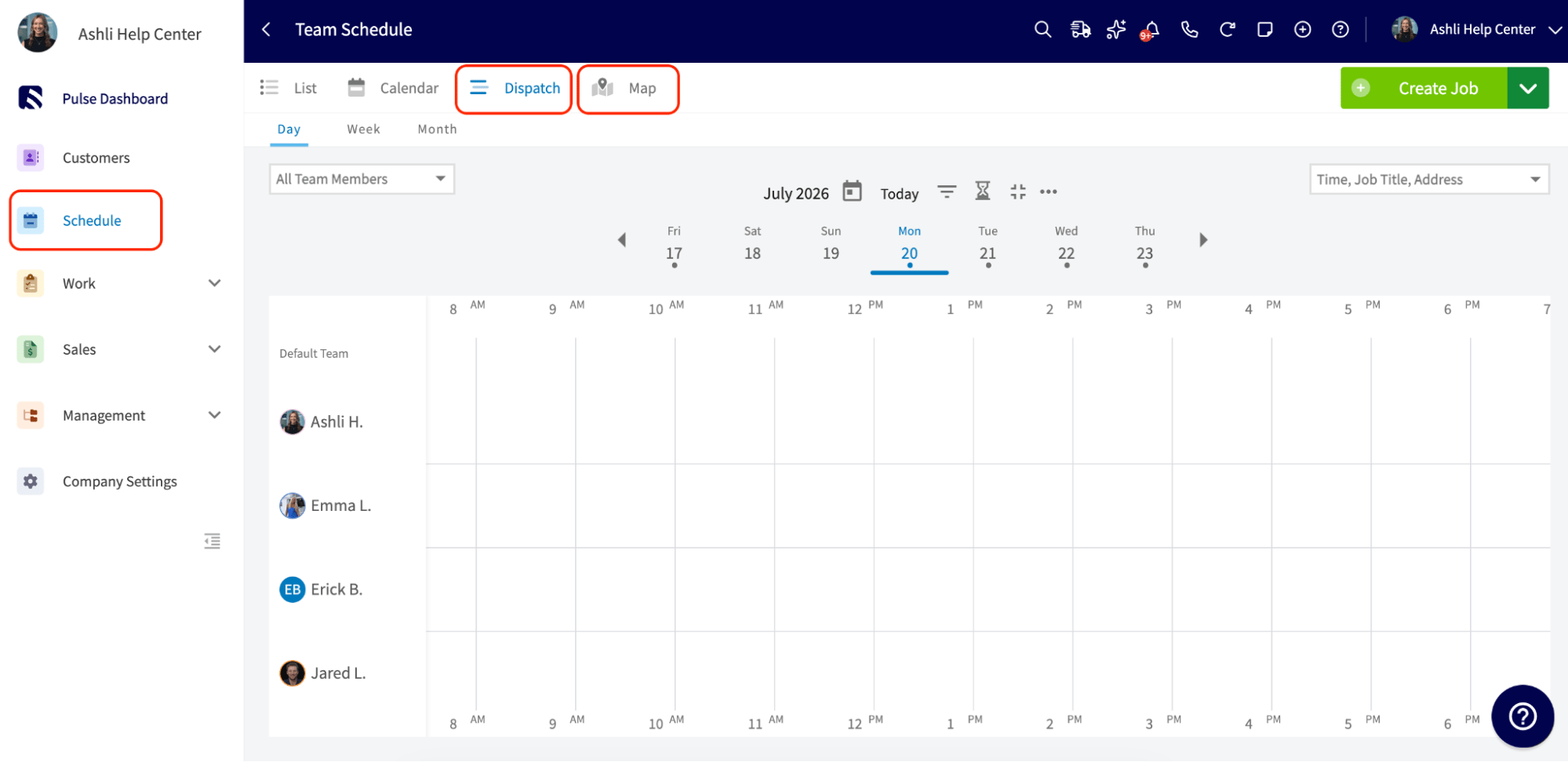 The Schedule page Dispatch View showing the team across a time grid