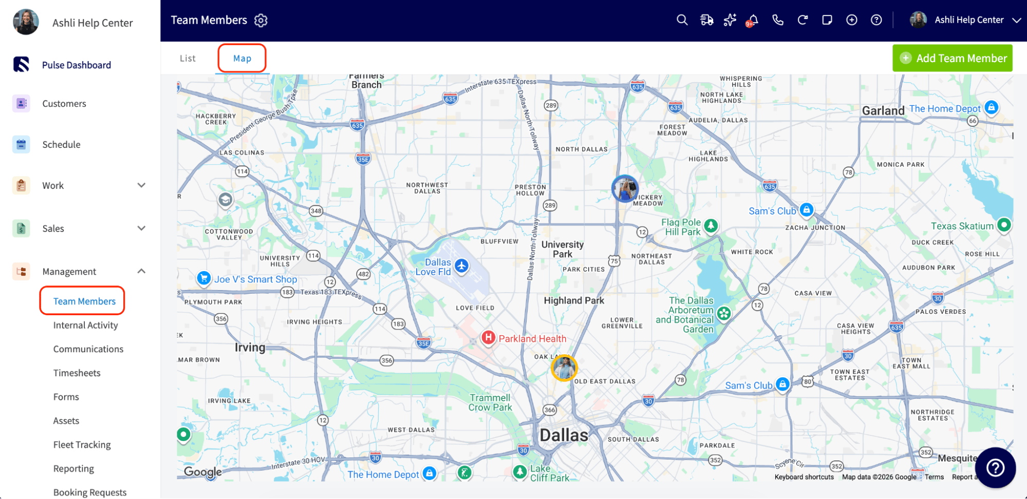 The Team Members Map showing each technician's last known location and timestamp