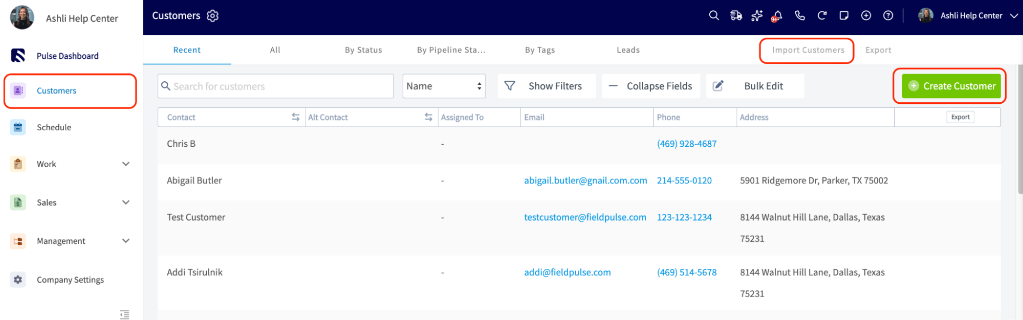 The Customers area where you add customers manually, mass import, or sync from accounting
