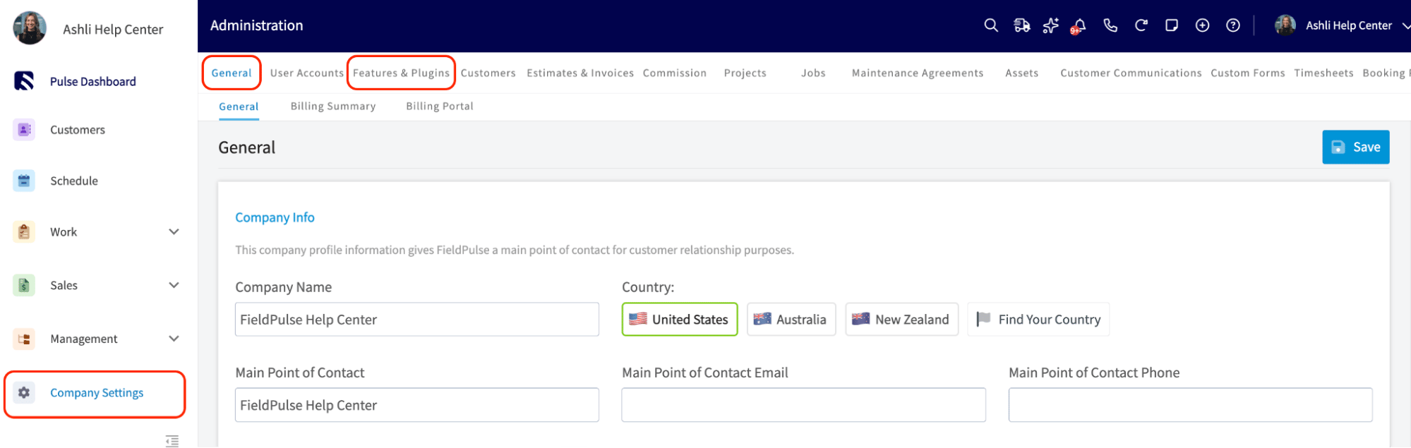 The Features & Plugins page in Company Settings with color-coded icons for included and add-on features