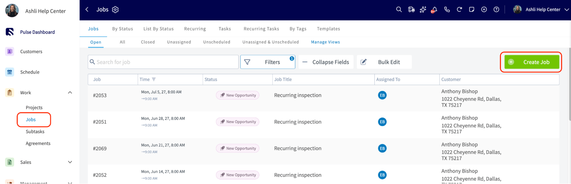 The Create Job screen with customer, title, assignment, and scheduling fields