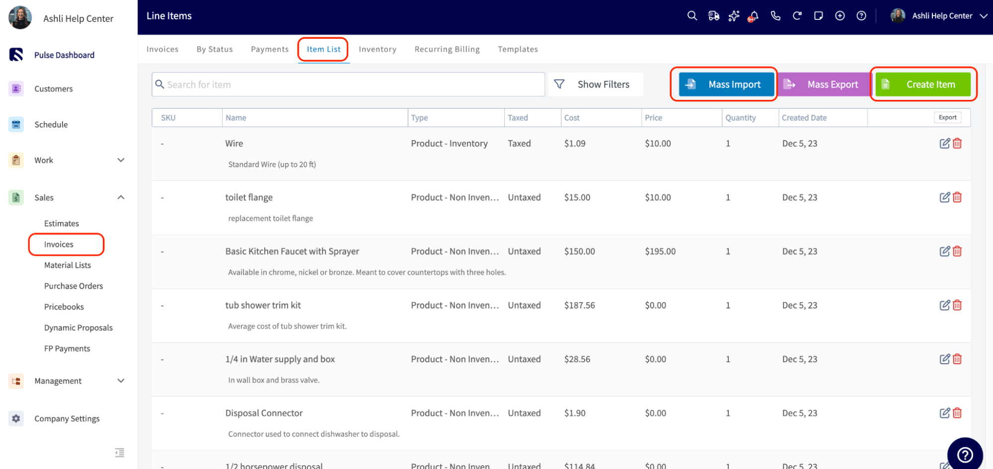 The Item List where every product and service line item is created and managed
