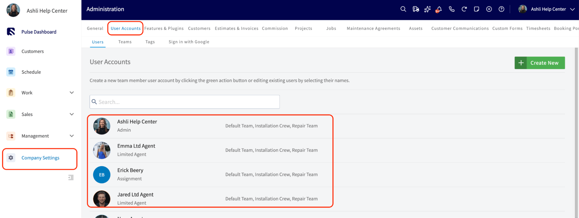 The User Accounts page in Company Settings where you add and edit team members and their roles